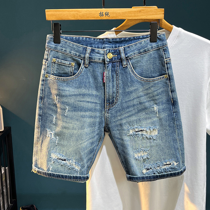 2026年男款夏季牛仔美式复古工装短裤休闲中裤弹力五分裤破洞百搭