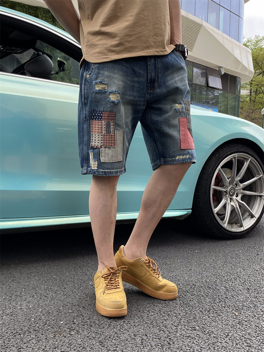 牛仔短裤男五分马裤潮牌补丁中裤潮流半截5分裤夏季薄款破洞补丁