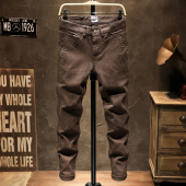 长裤 春秋欧美时尚 小脚青年个性 男弹力修身 子百搭咖啡色斜袋 牛仔裤