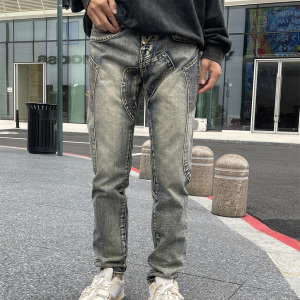 复古欧美拼接个性青年牛仔裤男潮牌修身直筒弹力痞帅裤子男春秋款