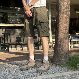 男款 五分裤 时尚 薄款 潮 马裤 休闲短裤 军绿系带5分中裤 夏季 弹力工装