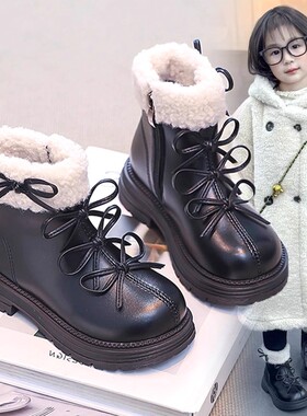 N/J 女童靴子黑色加绒2025冬季新款儿童短靴保暖毛毛靴时尚雪地靴