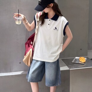 女童夏季学院风短袖套装2026新款洋气中大童Polo衫牛仔短裤两件套