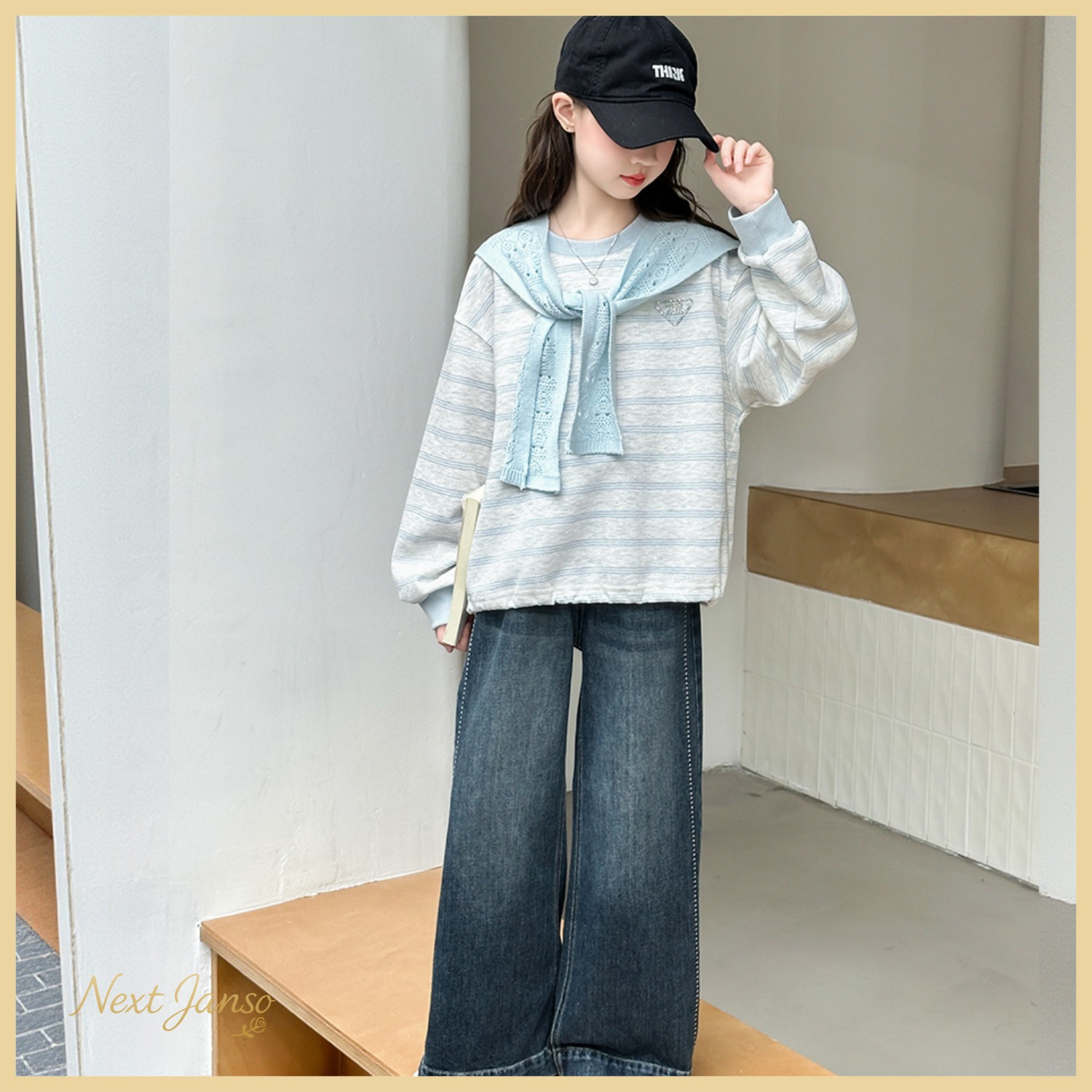 NEXT JANSO女童春秋披肩条纹卫衣套装2025新款大童牛仔裤三件套装
