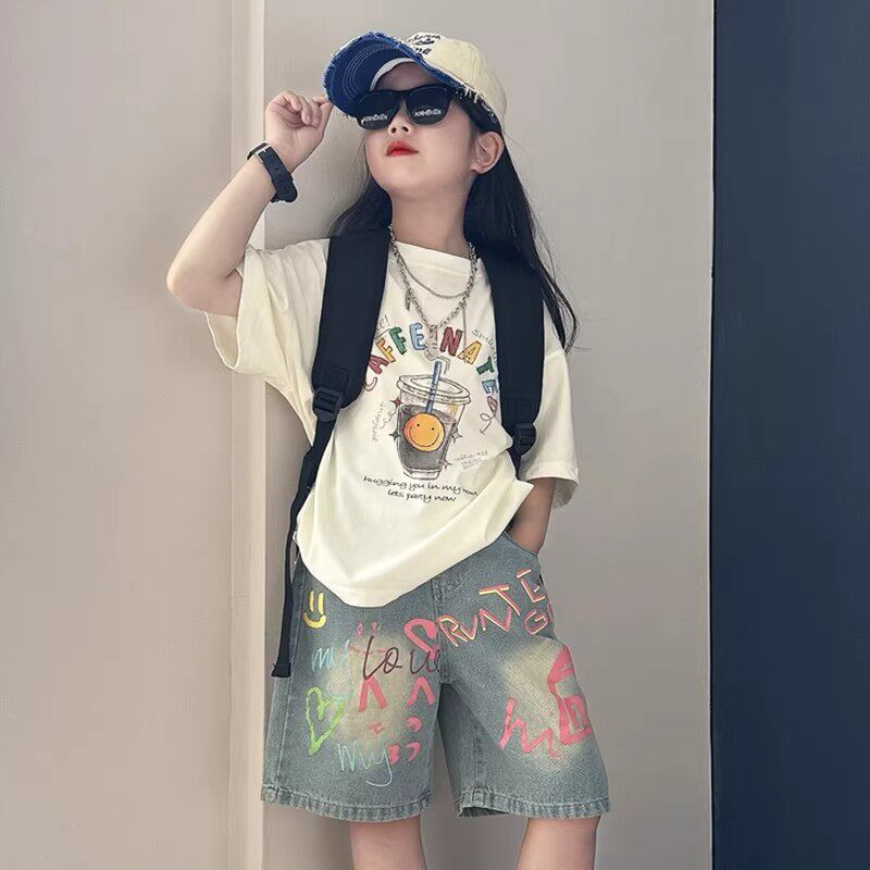 NEXT JANSO女童短袖 T恤套装夏季2026新款女孩休闲牛仔短裤两件套