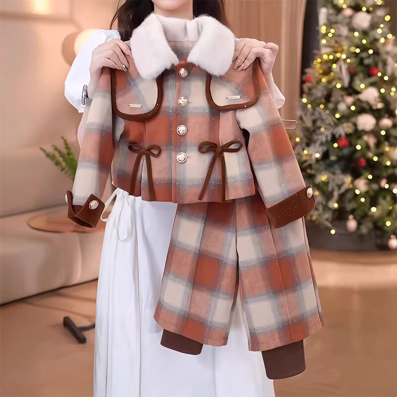 NEXT JANSO女童加绒套装冬装26新款洋气儿童小香风加厚呢子两件套