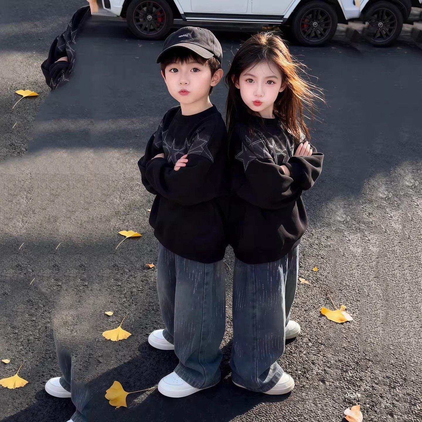 NEXT JANSO男童加绒卫衣套装2026新款男女童一体绒衣服牛仔裤套装