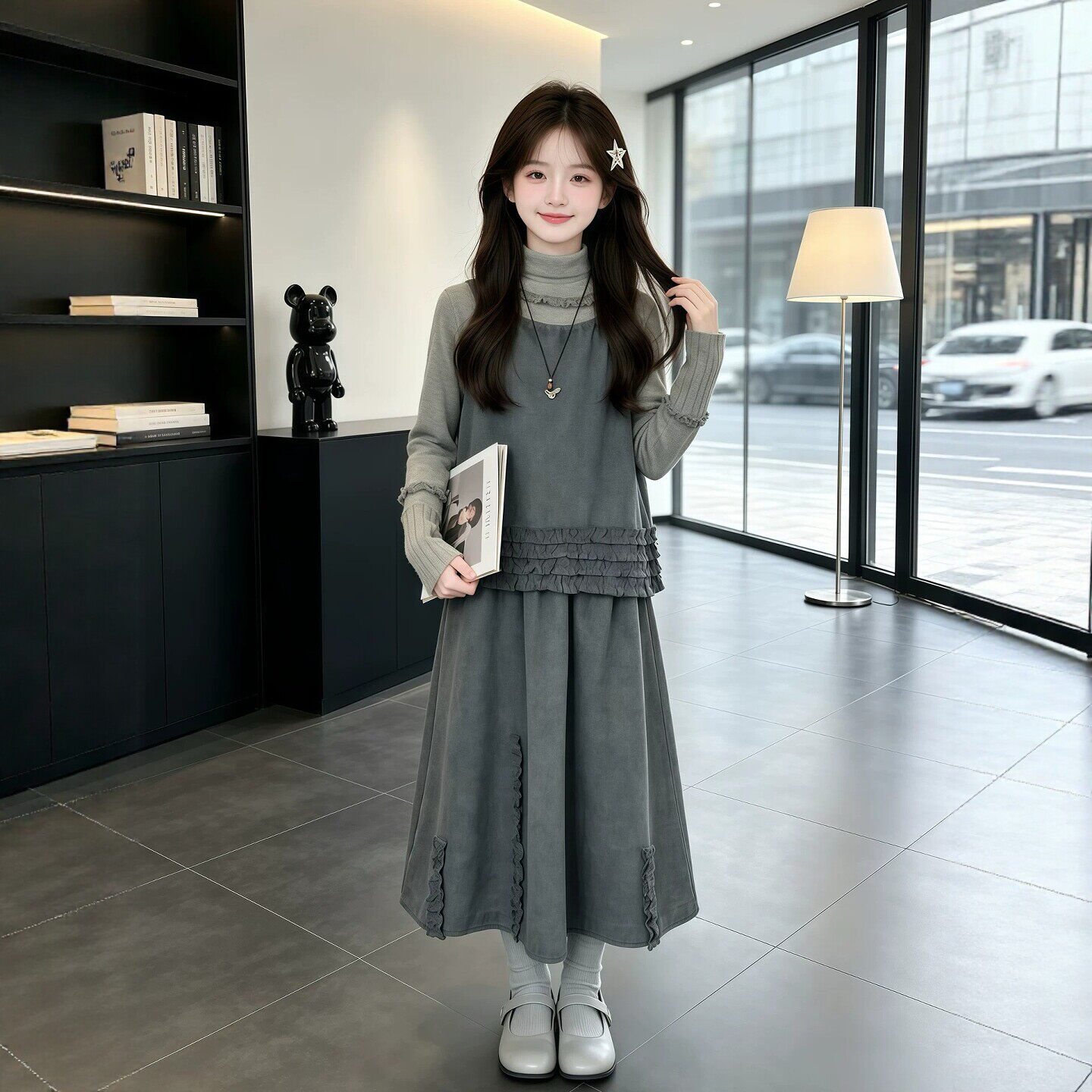 VYEO女童秋季背心套装2026新款儿童高领打底半身裙春秋装三件套潮