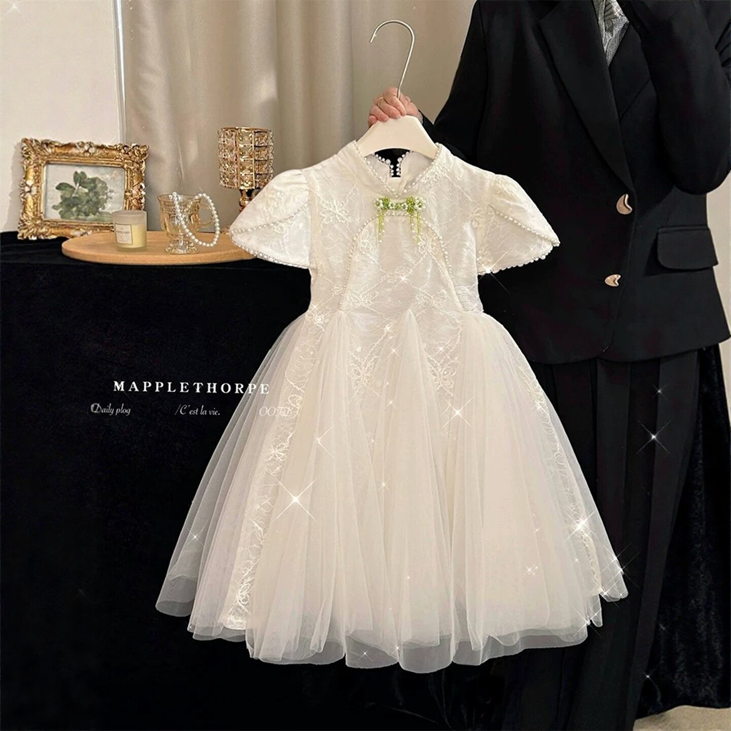 NEXT JANSO女童泡泡袖网纱连衣裙夏装儿童新中式旗袍公主礼服裙潮 - 实物图