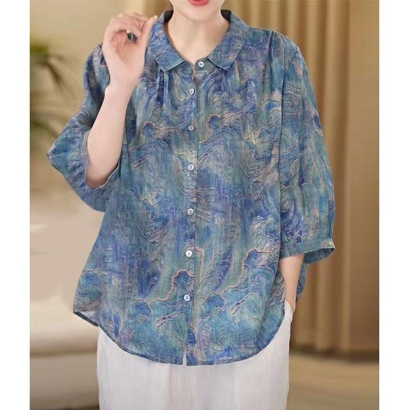 仿麻大码高档复古妈妈孔雀蓝小衫