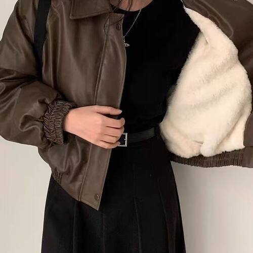 韩版秋冬加绒PU皮短款皮衣女