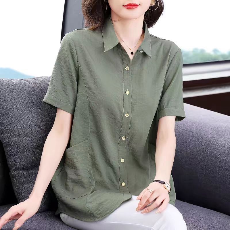 短袖衬衫女2025年新款妈妈大码女装翻领上衣宽松休闲女士衬衣夏季