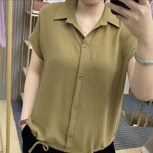 时尚新款短袖2025夏季显瘦抽绳宽松休闲套头洋气纯色衬衫雪纺上衣