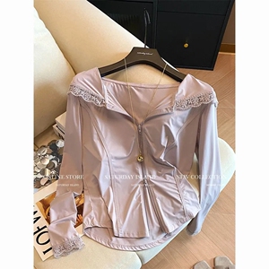 小众独特连帽拼接蕾丝边长袖防晒衣女2026春季新款修身冰丝薄外套