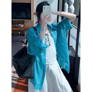 女款2026新款爆款高级感轻奢减龄洋气上衣湖蓝色防晒早秋衬衫外套