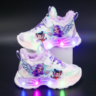 带灯儿童鞋子冬加绒女童发光女孩夹棉鞋哪吒敖闰童鞋女宝三四五岁