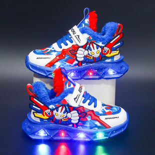 儿童鞋子冬男宝发光加绒男童运动鞋带灯男孩夹棉鞋薄二三四五六岁