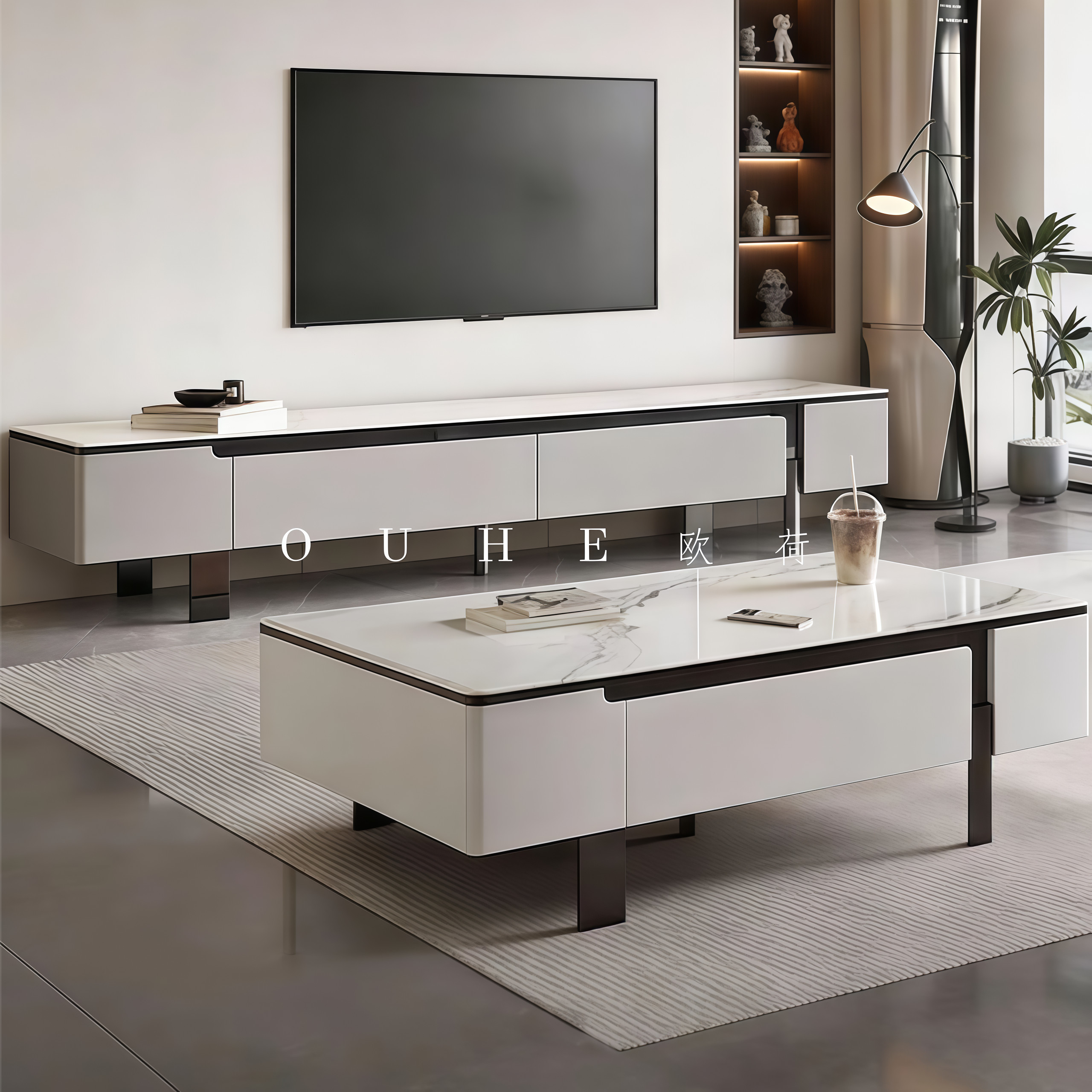 现代简约微晶石茶几电视柜组合储物长方形客厅家具套装品质奢华型