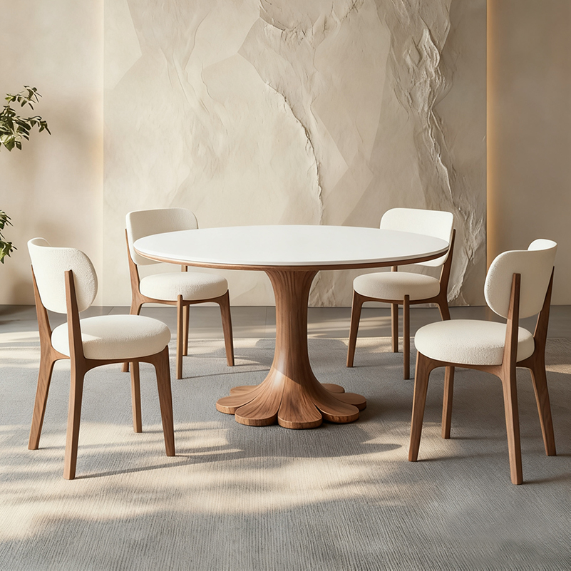 意式轻奢岩板圆桌木纹花瓣底座