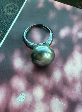 骋风 大溪地海水黑珍珠超大盘珠825银镀乌金戒指