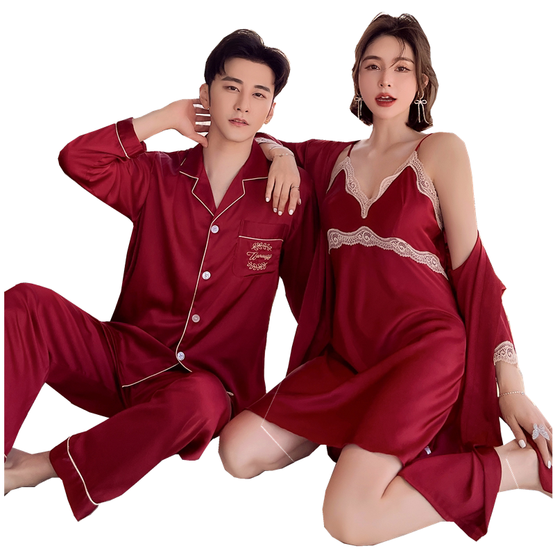 结婚新婚红色冰丝绸情侣睡衣套装