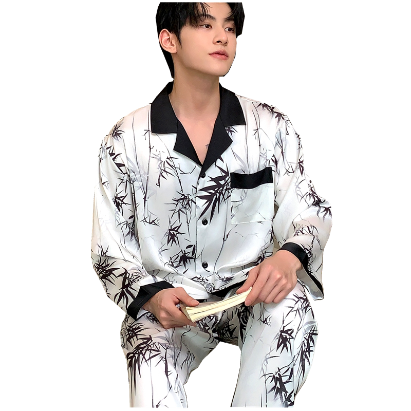男士睡衣男款春秋款冰丝夏季长袖仿真丝绸家居服夏款新款大码套装