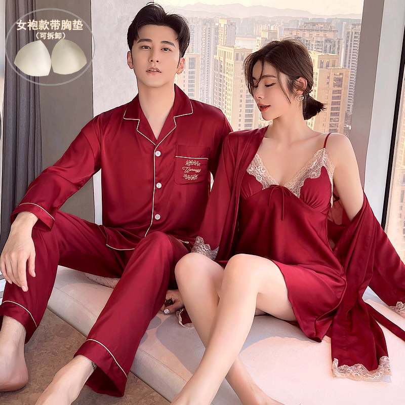 SILK COUPLE PAJAMAS WOMENS SPRING AND AUTUMN ICE SILK PAJAMAS MENS SUMMER MARRIAGE RED INTERNET CELEBRITY SEXY SUIT LOUNGEWEAR