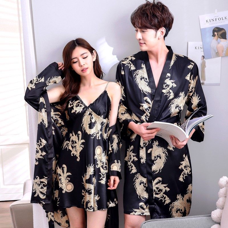 丝绸男士睡袍夏季薄款睡衣女睡裙冰丝质春秋天性感浴袍情侣家居服