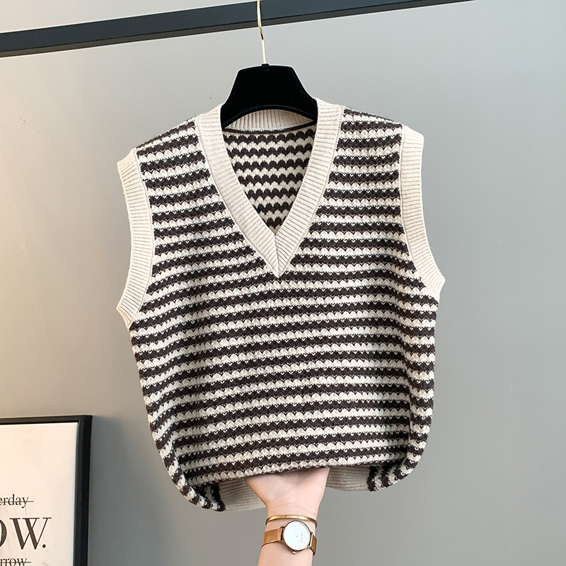 条纹宽松V领针织马甲女毛衣背心