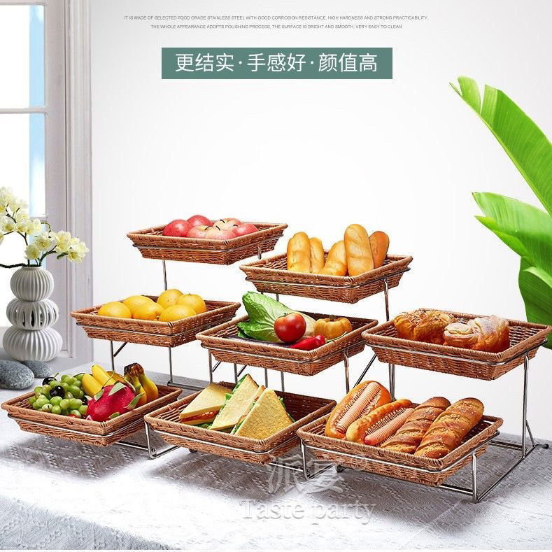 热卖促销面包篮筐仿藤带盖蛋糕点心食物展示托盘水果篮欧式三层