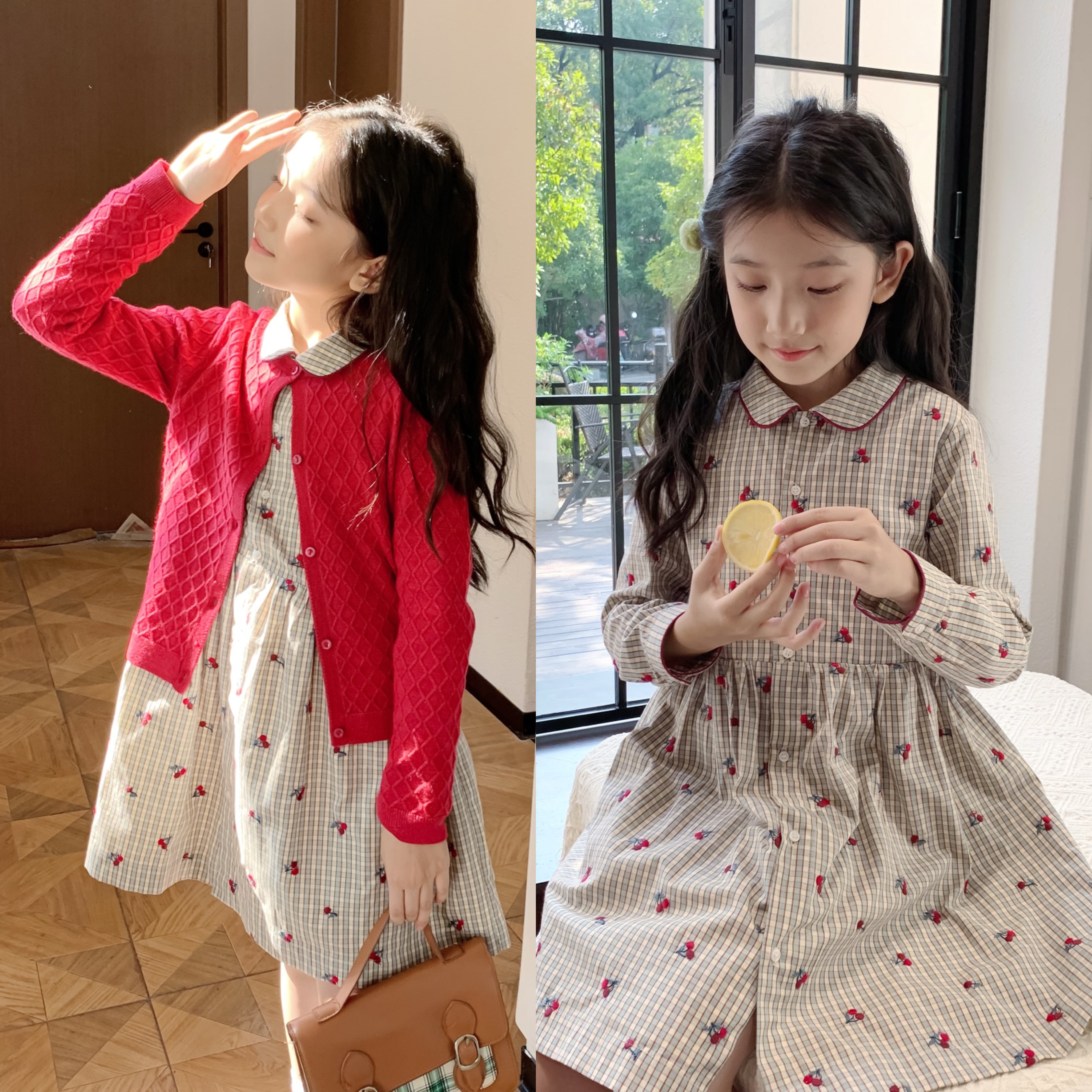 2025秋季新款女童酒红菱格扬子纱精纺羊毛开衫大童樱桃长袖连衣裙