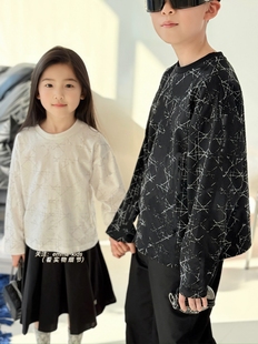 26春季新款女童黑白菱格印花圆领长袖T恤男童套头外穿休闲打底衫