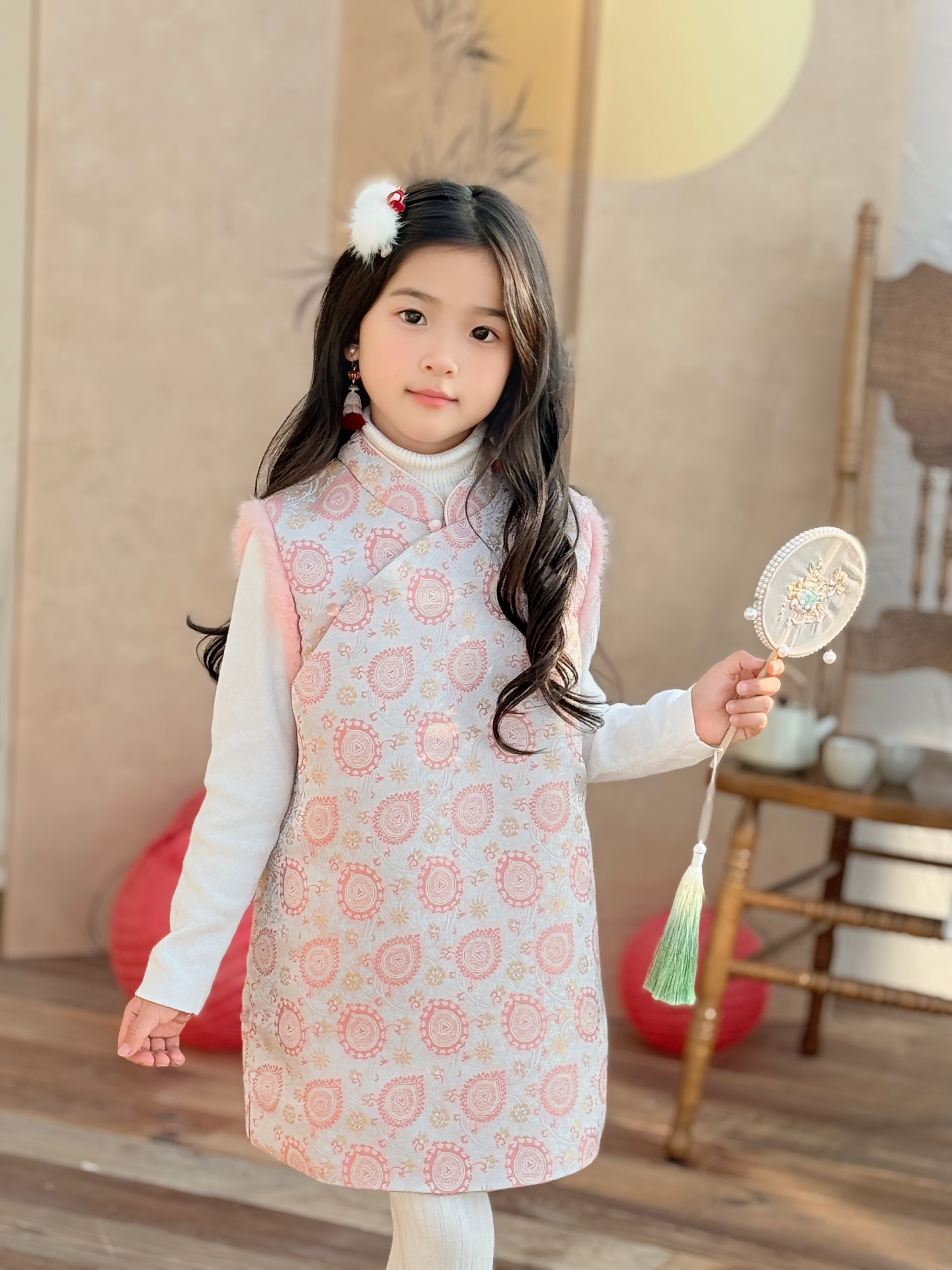 25秋冬新款女童粉色新中式立领盘扣夹棉无袖裙儿童国风旗袍连衣裙