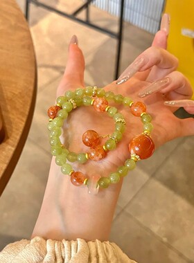 天然岫玉水晶手串女款百搭时尚红胶花手链简约清冷感气质女
