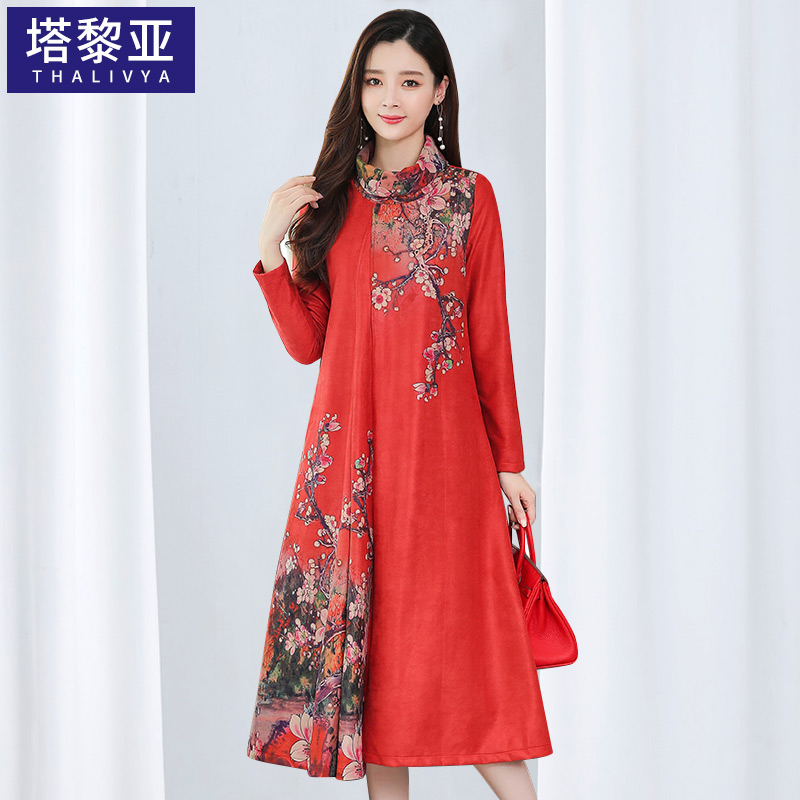 限10000张券2019新款气质秋冬贵夫人假两件连衣裙阔太太复古妈妈裙大码中长裙