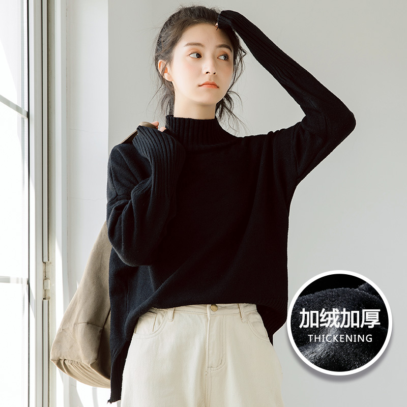 2018秋冬新款半高领毛衣女套头加绒宽松韩版慵懒风学生打底针织衫