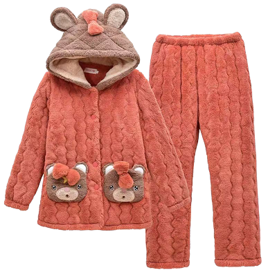冬季珊瑚绒睡衣女加厚加绒家居服