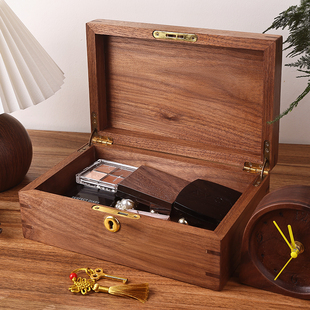 黑胡桃木首饰盒实木收纳盒首饰收纳盒带锁实木首饰盒