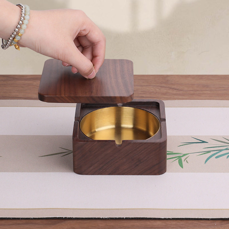 黑胡桃实木烟灰缸中式家用客厅防飞灰带盖创意办公室轻奢创意摆件