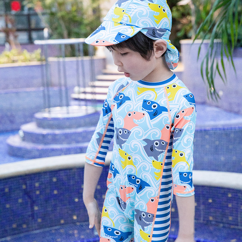连体韩国儿童泳衣遮阳帽男孩男童防晒速干小中大童泳装海边冲浪服