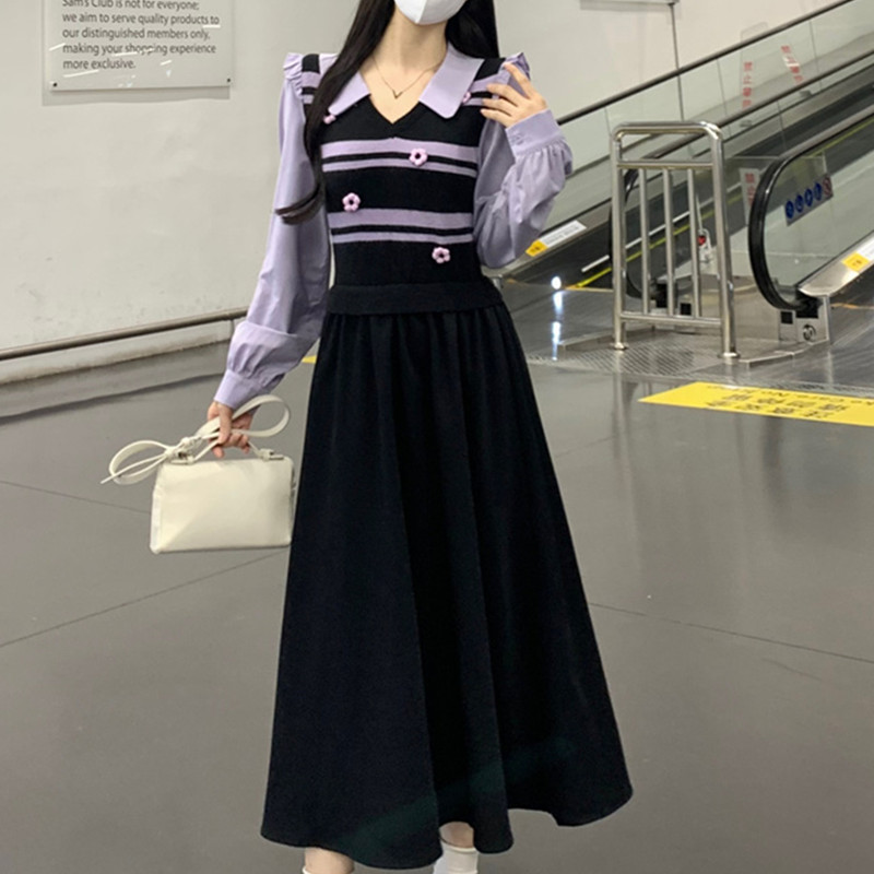 大码温柔风韩系条纹假两件毛衣拼接灯芯绒连衣裙秋冬收腰显瘦裙子