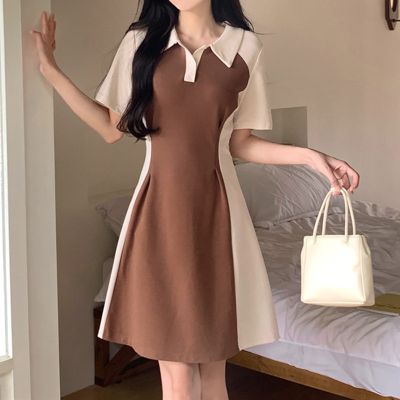 美式复古撞色POLO领收腰显瘦中长裙夏季大码修身气质A字连衣裙子