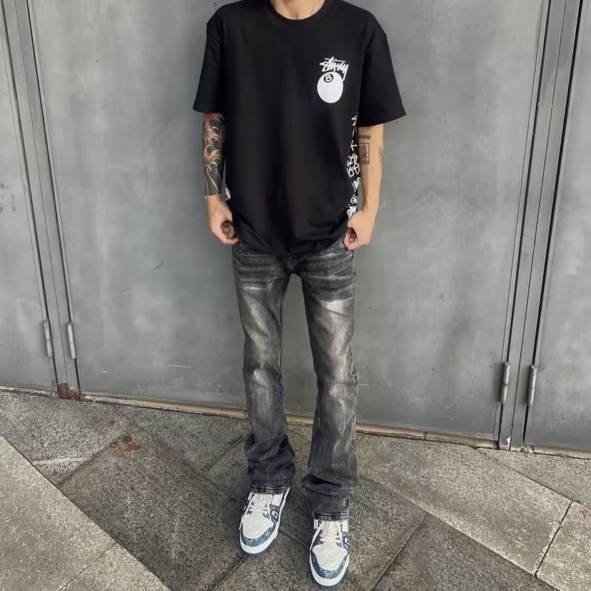 自主Claenfit百搭牛仔裤重磅水洗灰微喇裤显高修身高街休息男女裤