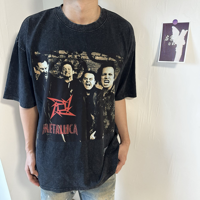 现货VTG四脸人像匪帮金属乐队做旧vintage短袖美式高街T恤男女款