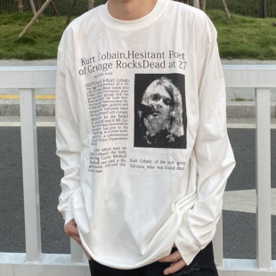 涅槃乐队vintage柯本人像标语长袖打底衫高街美式宽松重磅上衣男