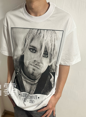 老OG柯本Kurt Cobain复古人像摇滚乐队白墨直喷印花宽松短袖T恤潮