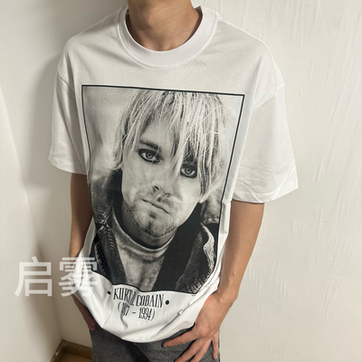 老OG柯本Kurt Cobain复古人像摇滚乐队白墨直喷印花宽松短袖T恤潮