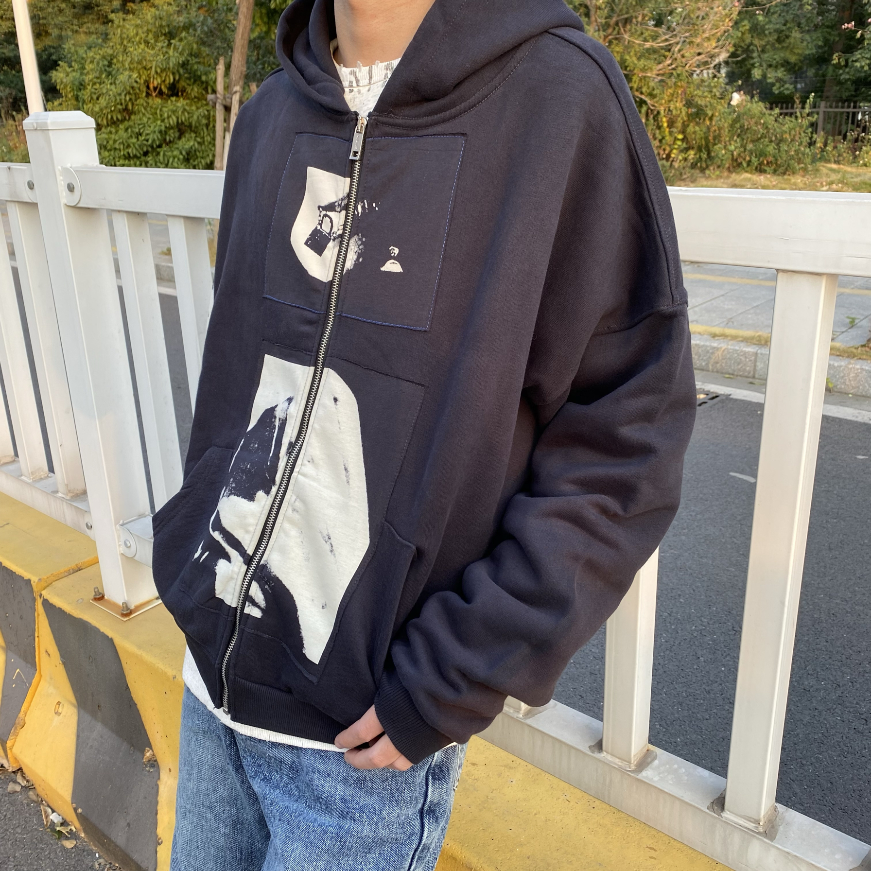 ERD忧郁的富二代麦当娜舞女24SS插画做旧贴布拼接拉链卫衣连帽衫