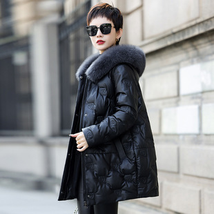 中长款连帽鹅绒真皮羽绒服女绵羊皮衣海宁狐狸毛领黑色宽松外套潮