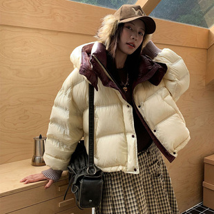 撞色泡芙连帽羽绒服女短款连帽加厚保暖白鸭绒外套冬季中性面包服